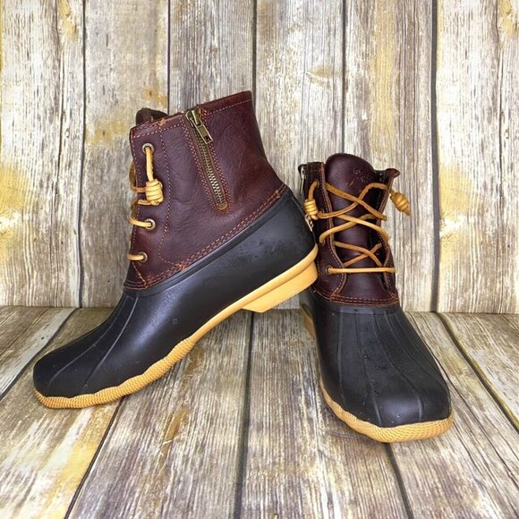 Women’s Size 11M Sperry Saltwater Waterproof Duck Boots Brown Leather & Rubber - Picture 1 of 8
